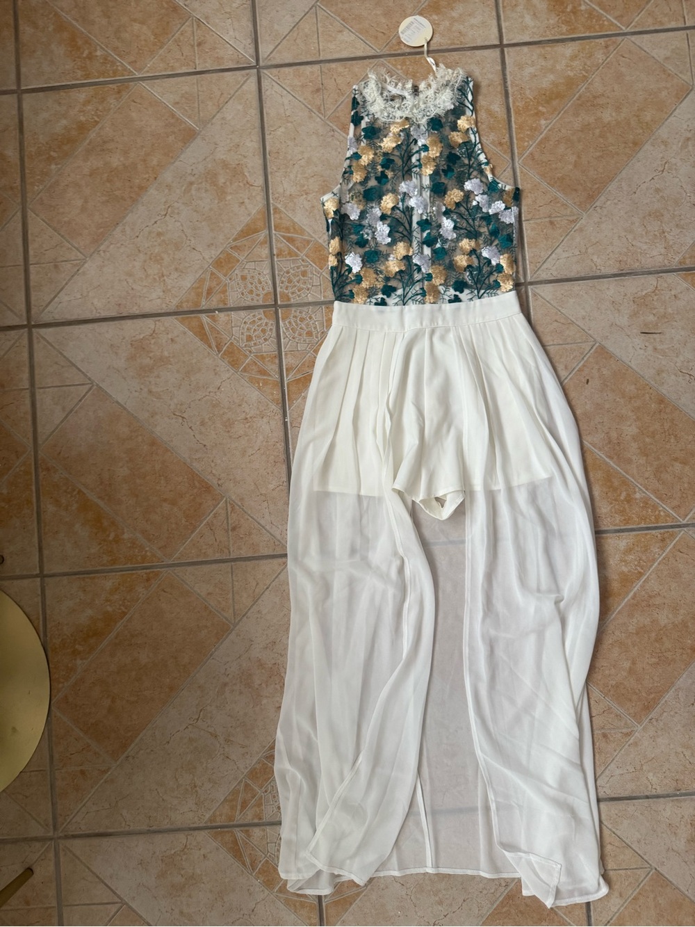 Luxxel Floral Embroidered Bodice White Sheer Overlay Jumpsuit